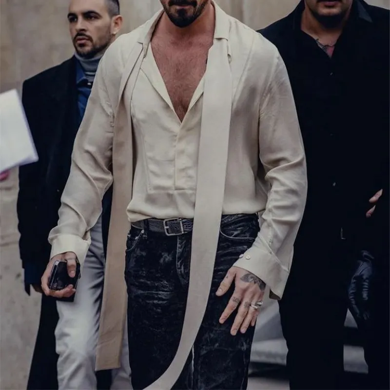 Men's Stylish Casual V-neck Detachable Tie Chiffon Long-sleeved Shirt 28609575K sold by Manly product image thumbnail 2