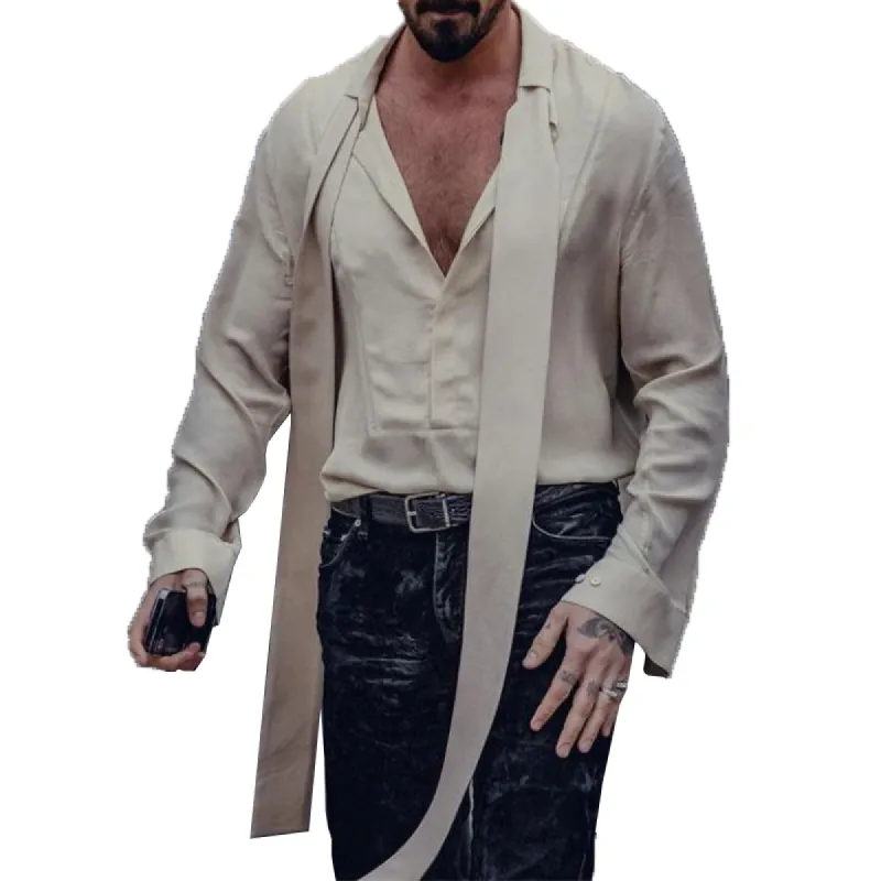 Men's Stylish Casual V-neck Detachable Tie Chiffon Long-sleeved Shirt 28609575K made by Manly