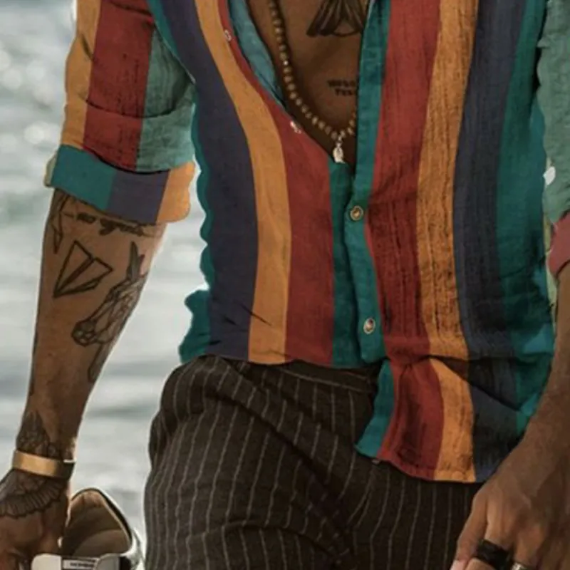 Men's Casual Color Striped Linen Long Sleeve Shirt 32491059K sold by Manly product image thumbnail 4