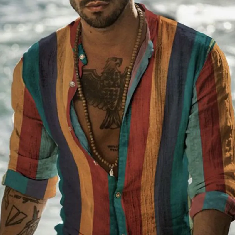 Men's Casual Color Striped Linen Long Sleeve Shirt 32491059K sold by Manly product image thumbnail 3