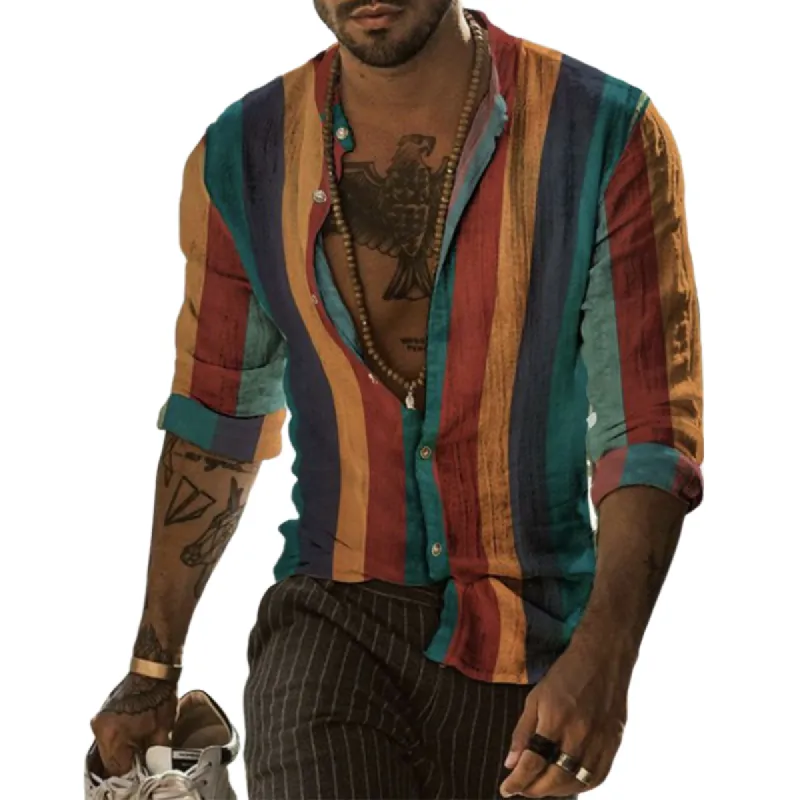 Men's Casual Color Striped Linen Long Sleeve Shirt 32491059K sold by Manly
