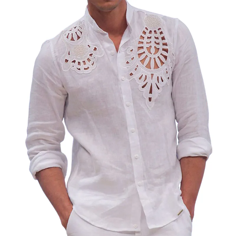 Men's Casual  Hollow Embroidery Cotton And Linen Long-sleeved Shirt 65444671K sold by Manly