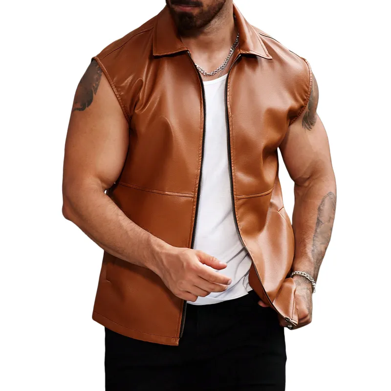 Men's Fashion Casual Solid Color Lapel Leather Vest 72332564Y sold by Manly