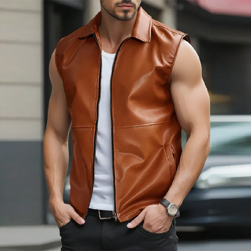 Men's Fashion Casual Solid Color Lapel Leather Vest 72332564Y sold by Manly product image thumbnail 4