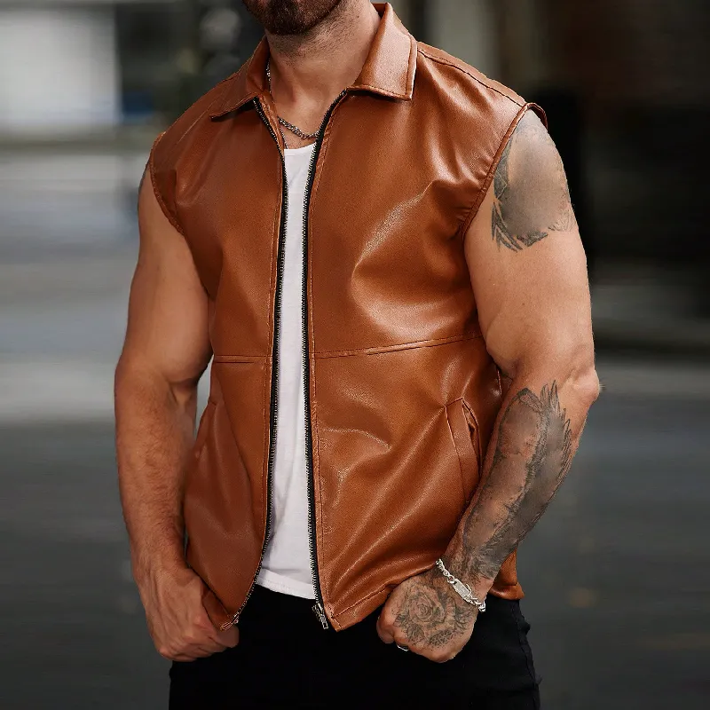 Men's Fashion Casual Solid Color Lapel Leather Vest 72332564Y sold by Manly product image thumbnail 2