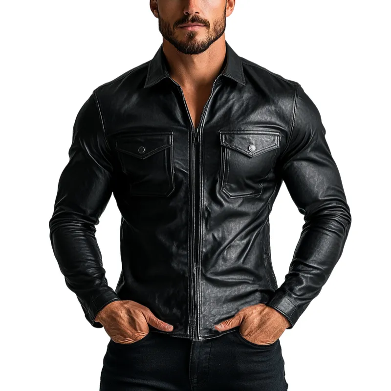 Men's Fashion Slim Fit Lapel Double Chest Pockets Long-Sleeved Leather Shirt 97442868Y sold by Manly