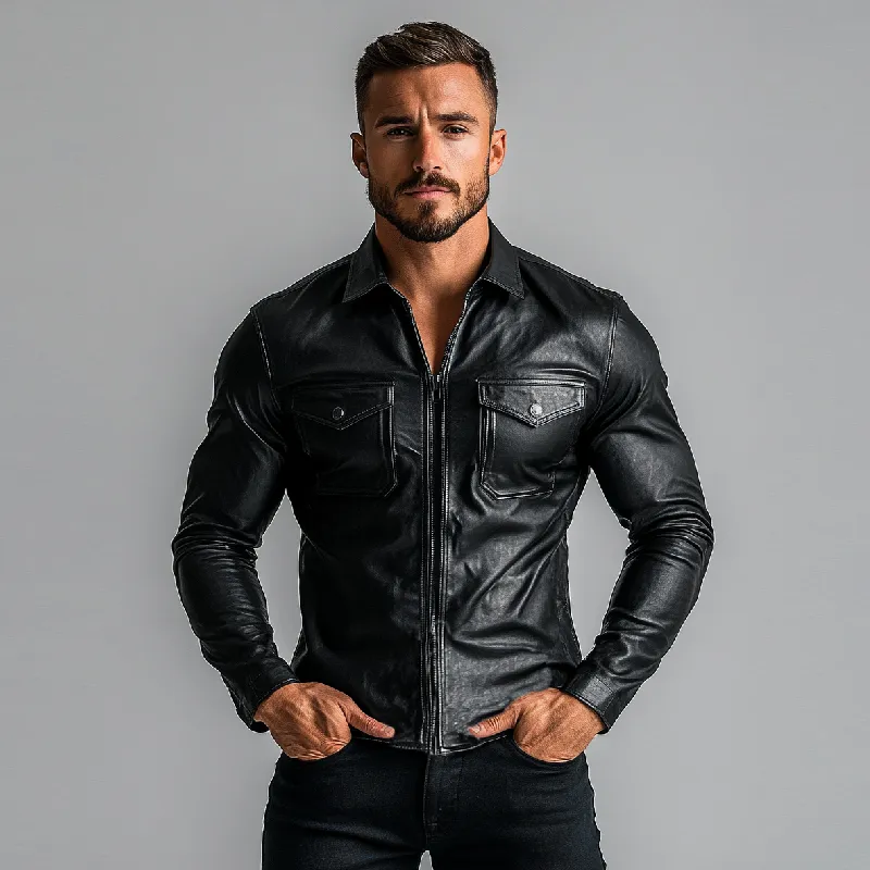 Men's Fashion Slim Fit Lapel Double Chest Pockets Long-Sleeved Leather Shirt 97442868Y sold by Manly product image thumbnail 3