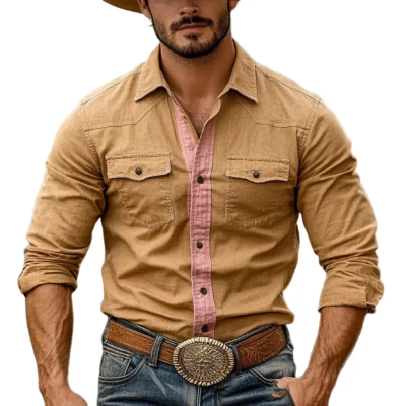 Men's Western Cowboy Style Color Matching Lapel Long-Sleeved Shirt 78533635Y sold by Manly