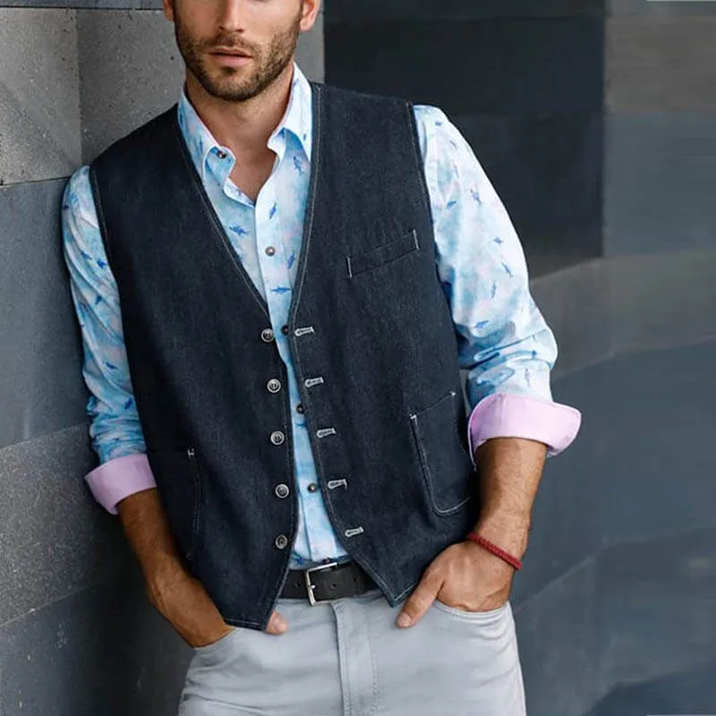 Men's Vintage Multi-pocket Single Breasted Denim Vest 45738527Y sold by Manly product image thumbnail 3