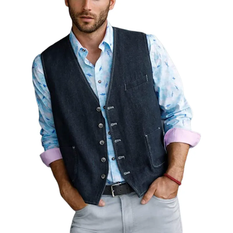 Men's Vintage Multi-pocket Single Breasted Denim Vest 45738527Y sold by Manly