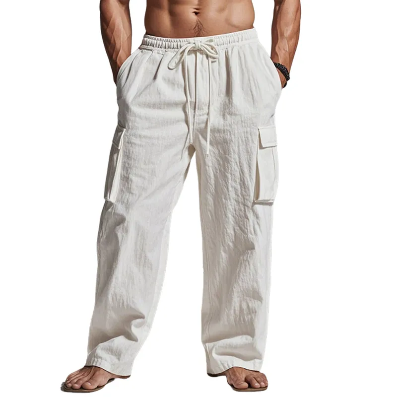 Men's Fashion Cotton And Linen Multi-Pocket Straight Pants 09926606Y sold by Manly