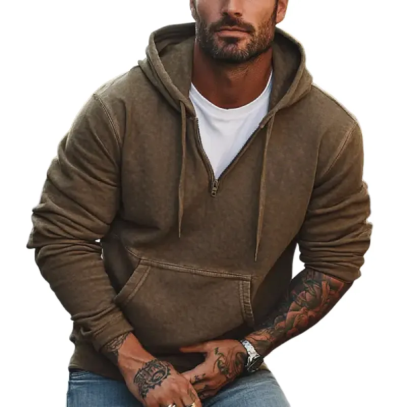 Men's Casual Washed Kangaroo Pocket Zipper Long Sleeve Hoodie 89935330Y sold by Manly