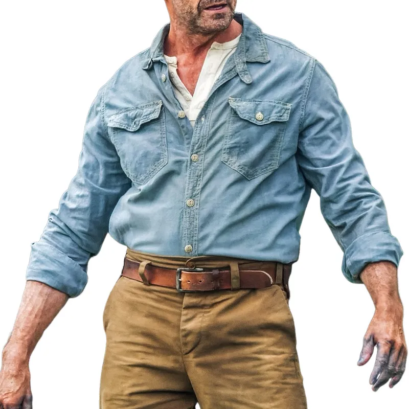 Men's Fashion Lapel Long-Sleeved Denim Shirt 73444464Y sold by Manly