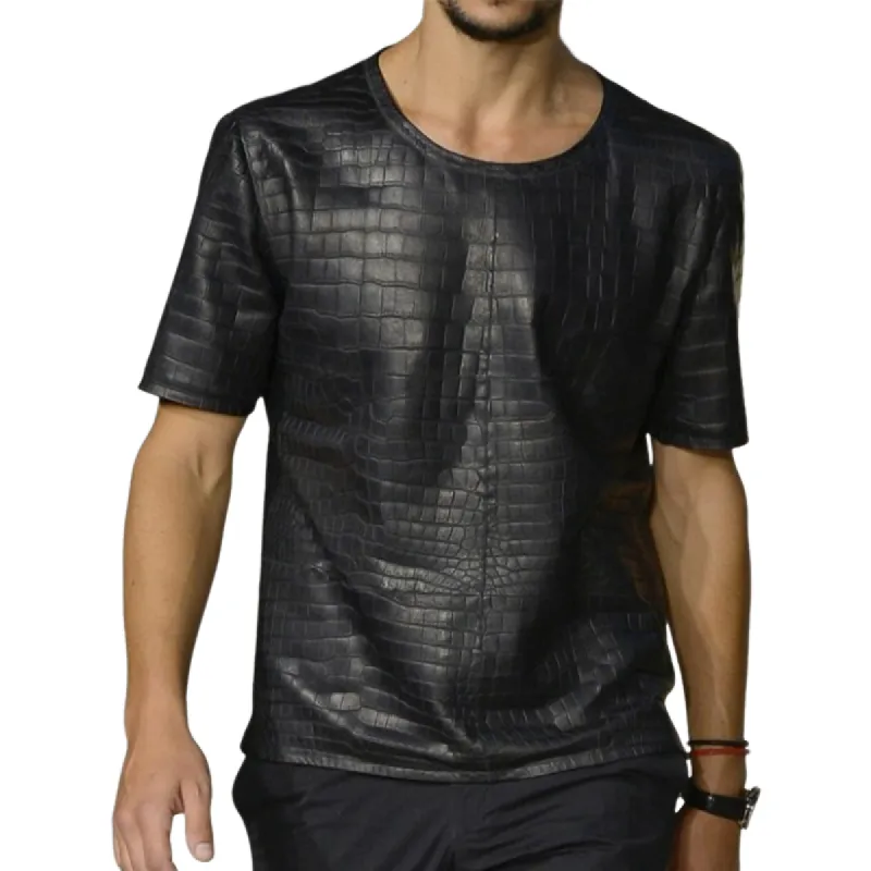 Men's Stylish Casual Round Neck Textured Leather Short-sleeved T-shirt 53881146K sold by Manly