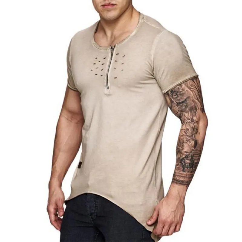 Men's Casual Round Neck Zipper Cotton Slim Short Sleeve T-Shirt 85253281K sold by Manly