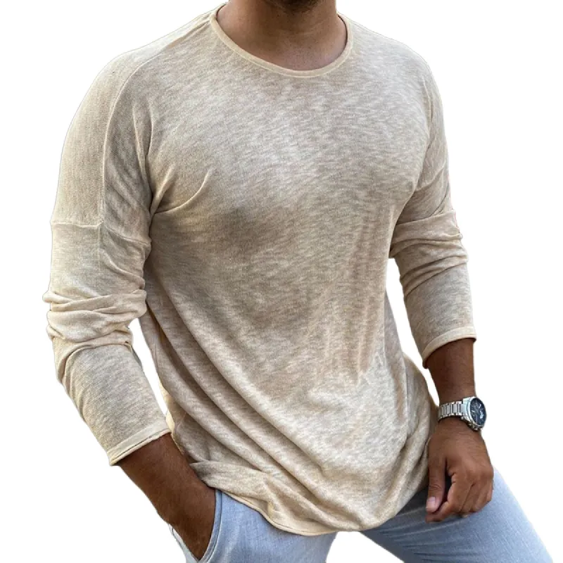Men's Retro Casual Round Neck Breathable Long Sleeve T-Shirt 95931987TO sold by Manly