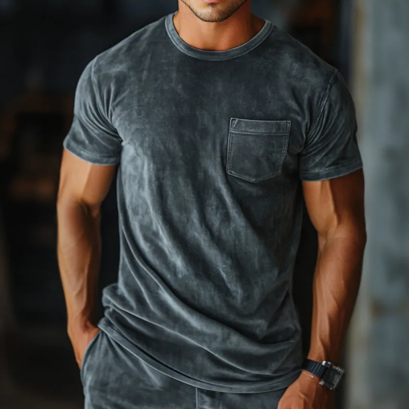 Men's Retro Casual Velvet Round Neck Pocket Short Sleeve T-Shirt 08172278TO sold by Manly product image thumbnail 2