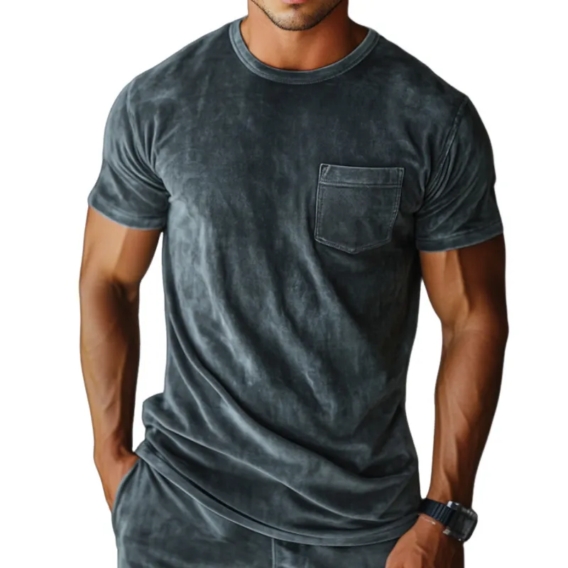 Men's Retro Casual Velvet Round Neck Pocket Short Sleeve T-Shirt 08172278TO sold by Manly