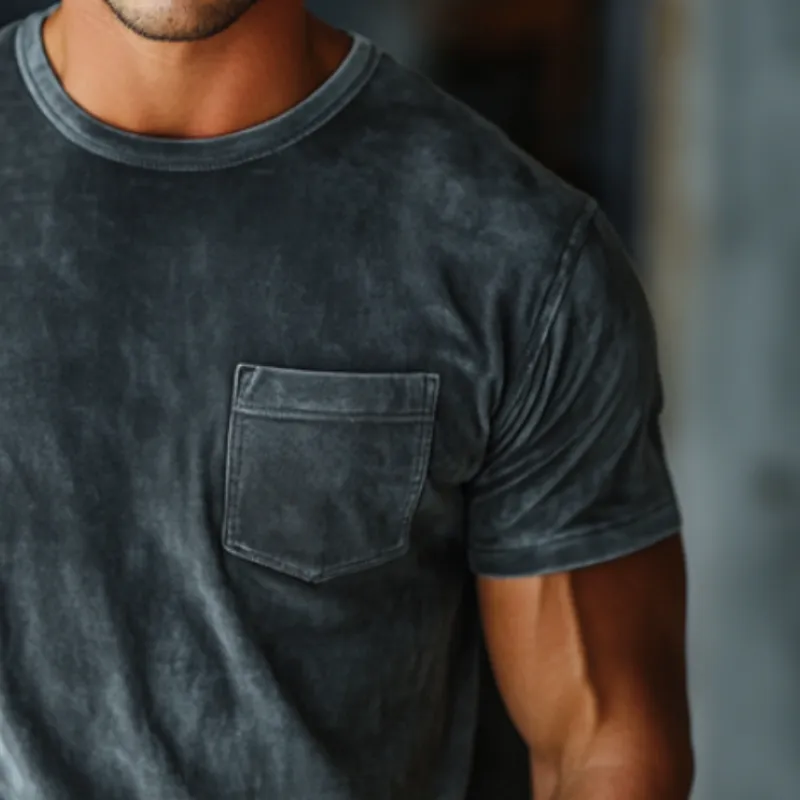 Men's Retro Casual Velvet Round Neck Pocket Short Sleeve T-Shirt 08172278TO sold by Manly product image thumbnail 3