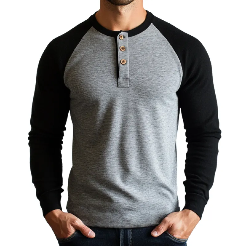 Men's Retro Casual Colorblock Henley Collar Long Sleeve T-Shirt 90540633TO sold by Manly
