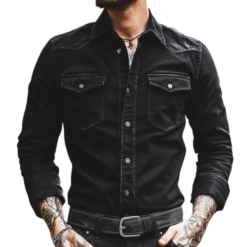 Men's Retro Casual Washed Distressed Lapel Long Sleeve Shirt 03637525TO sold by Manly