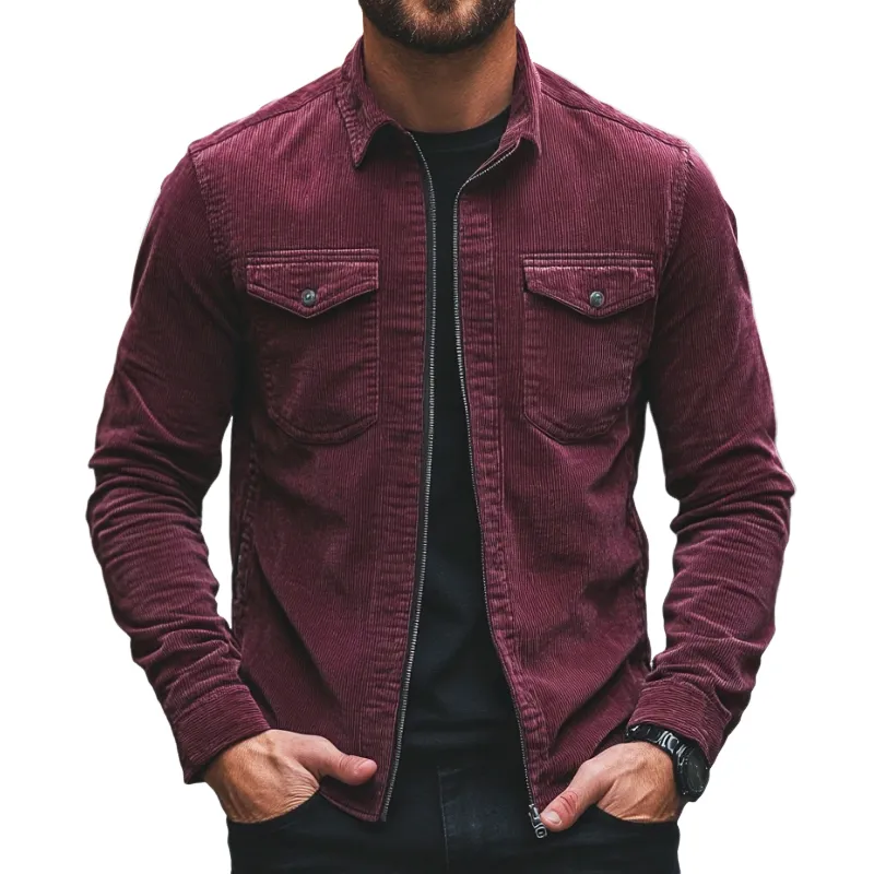 Men's Vintage Casual Corduroy Pocket Lapel Zipper Jacket 97142958TO sold by Manly
