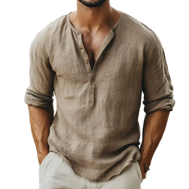 Men's Vintage Casual Cotton and Linen Henley Collar Long Sleeve Shirt 23780082TO sold by Manly