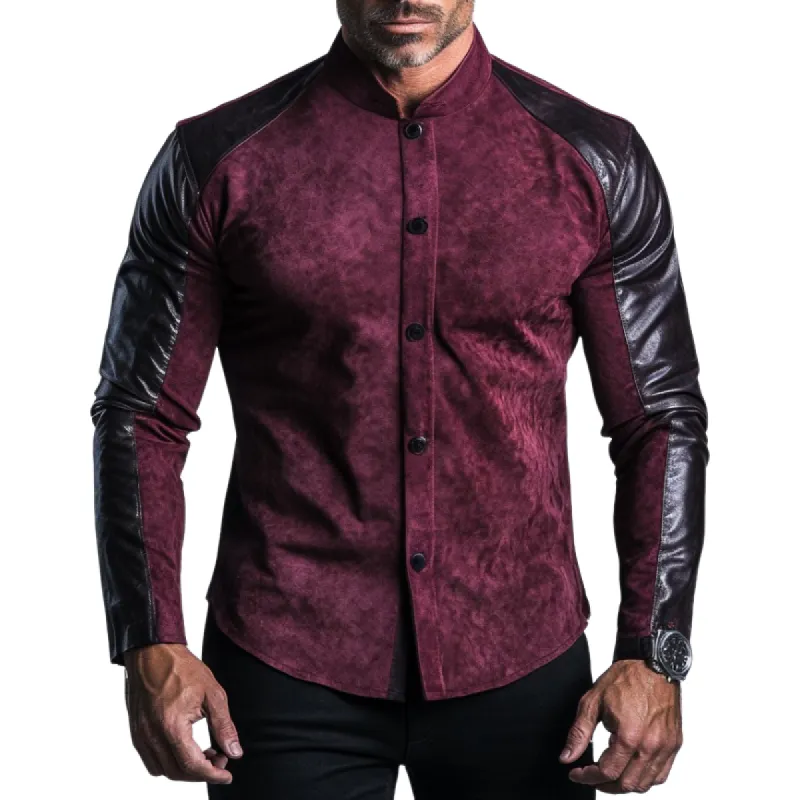 Men's Retro Casual Suede Stitching Stand Collar Long Sleeve Shirt 90433913TO sold by Manly