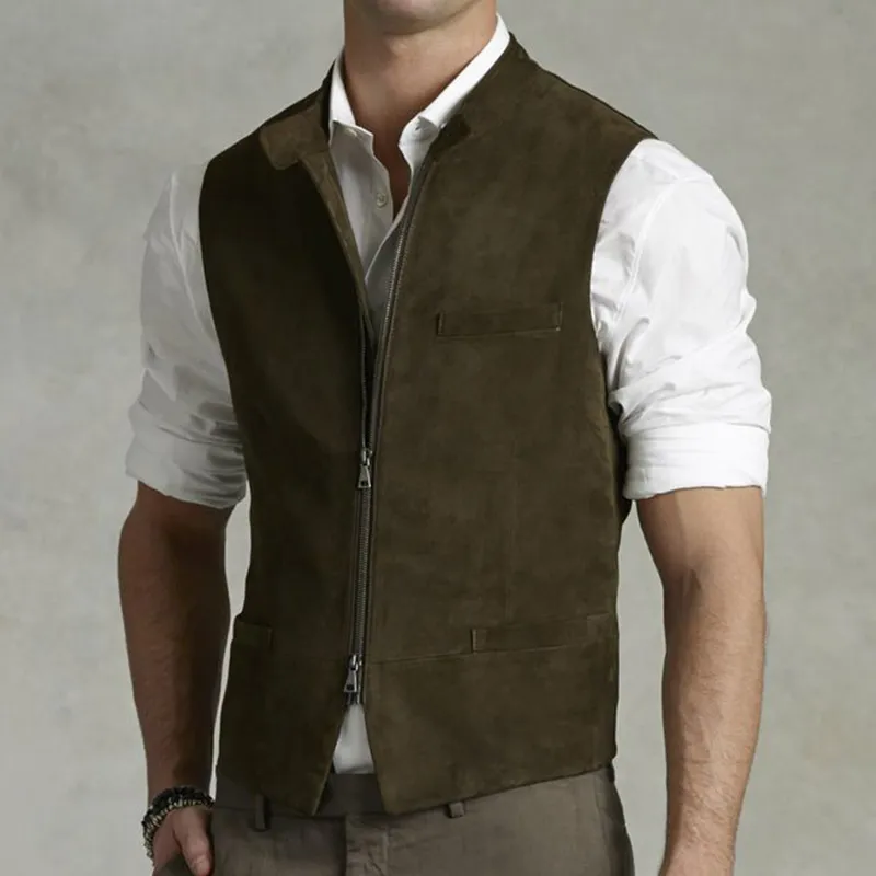 Men's Classic Vintage Stand Collar Suede Zipper Vest 05084158K sold by Manly product image thumbnail 2