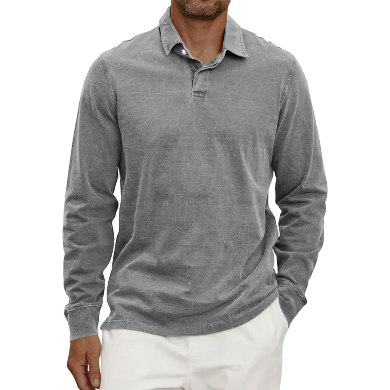 Men's Vintage Cotton Washed Lapel Loose Long Sleeve Polo Shirt 99798315M sold by Manly