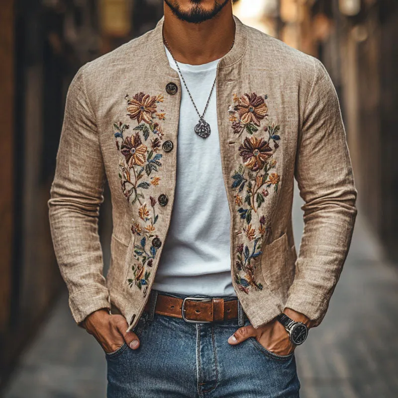 【24-hour shipping out】Men's Casual Linen Embroidered Stand Collar Single Breasted Slim Fit Jacket 48687422M sold by Manly product image thumbnail 2