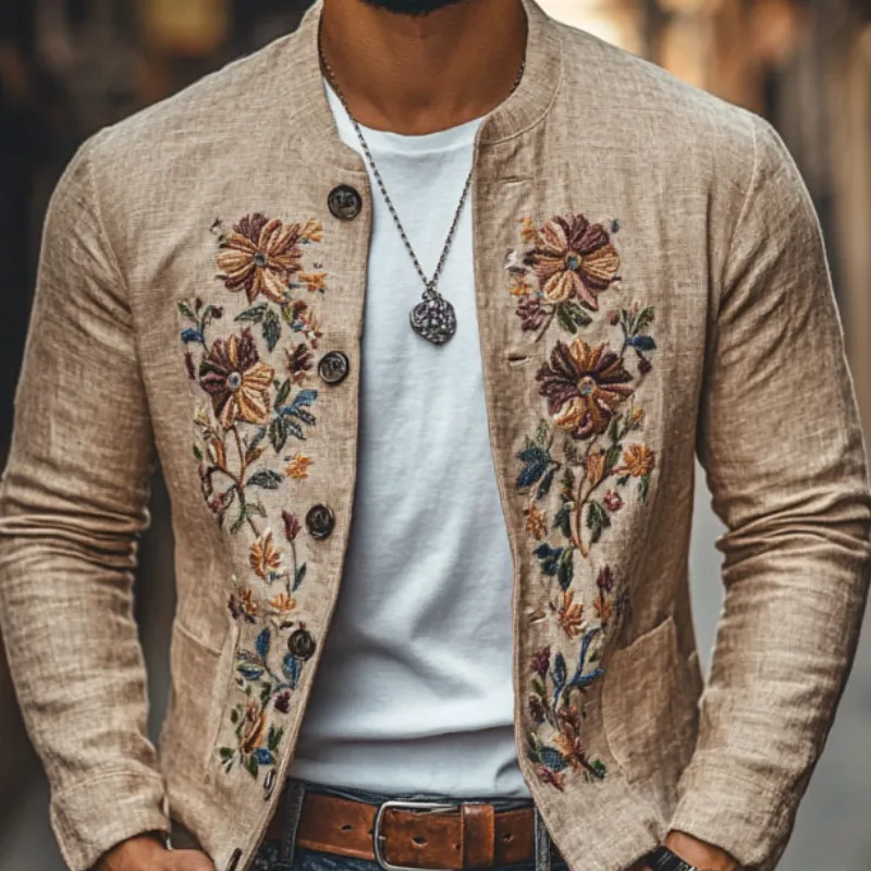 【24-hour shipping out】Men's Casual Linen Embroidered Stand Collar Single Breasted Slim Fit Jacket 48687422M sold by Manly product image thumbnail 3