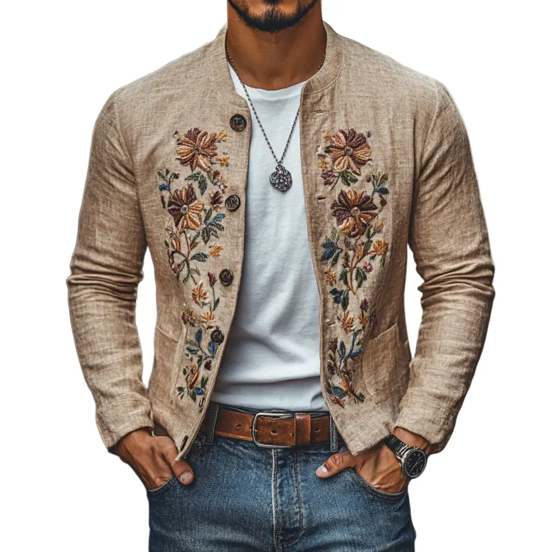【24-hour shipping out】Men's Casual Linen Embroidered Stand Collar Single Breasted Slim Fit Jacket 48687422M sold by Manly