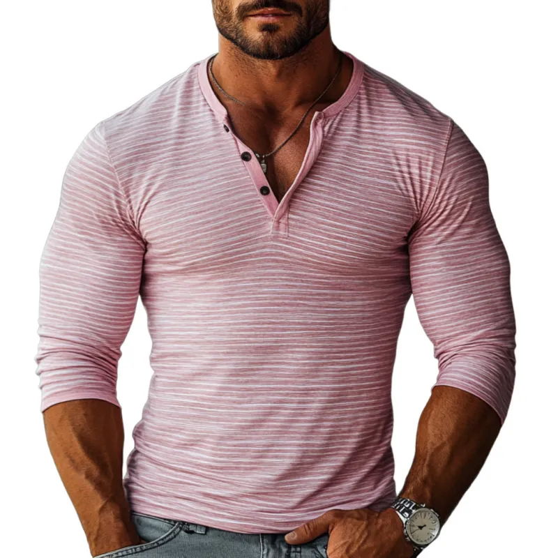 Men's Casual Cotton Stripe Henley Collar Slim Fit Long Sleeve T-Shirt 41622998M sold by Manly