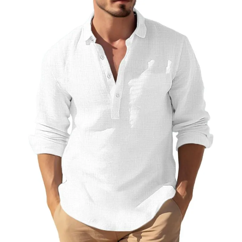 Men's Casual Cotton Linen Lapel Loose Pullover Long Sleeve Shirt 14890926M sold by Manly
