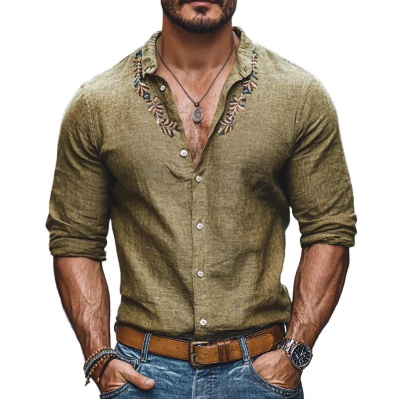 Men's Casual Linen Embroidered Stand Collar Slim Fit Long Sleeve Shirt 61777431M sold by Manly