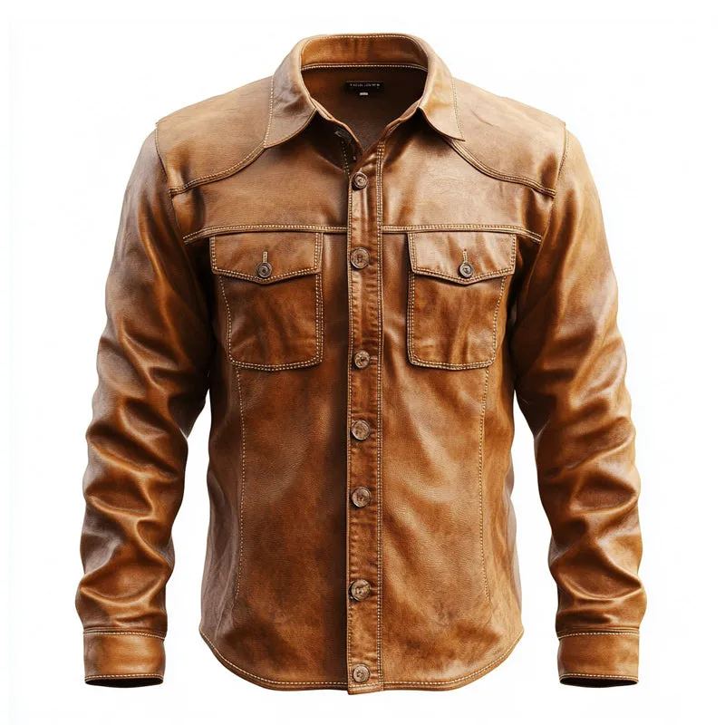 Men's Vintage Slim Fit Button-Down Leather Shirt 48237121U sold by Manly