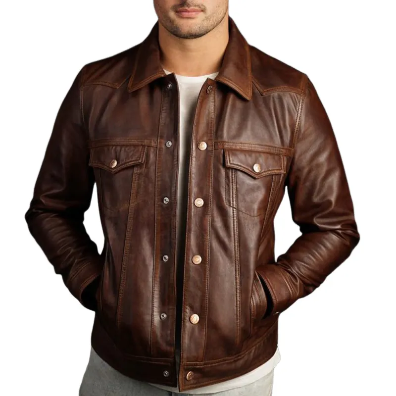 Men's Vintage Slim Fit Reddish Brown Snap Button Leather Jacket 19141162U sold by Manly