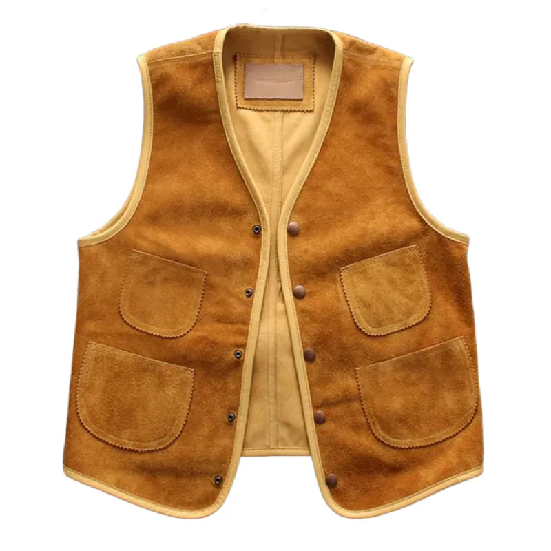 Men's Vintage Suede Snap Button Multi-Pocket V-Neck Vest 11137944U sold by Manly