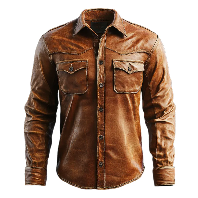 Men's Vintage Slim Fit Button-Down Leather Shirt 83575287U sold by Manly
