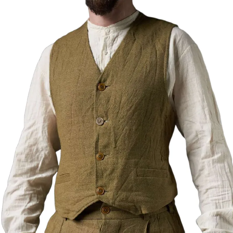 Men's Vintage Cotton and Linen V-Neck Single-Breasted Patch Pocket Vest 01518485F sold by Manly