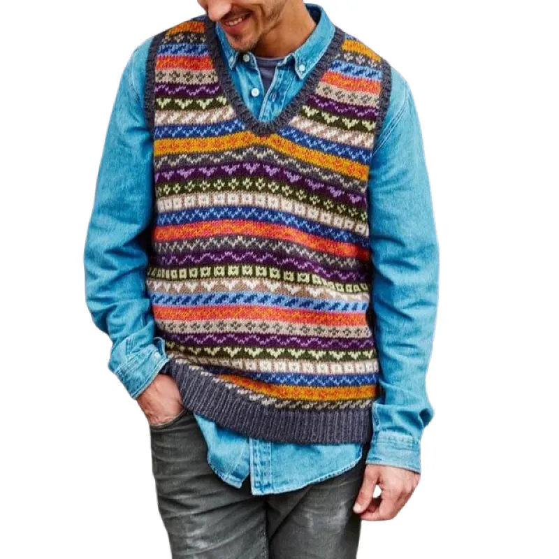 Men's Retro Geometric V-Neck Sleeveless Knit Vest 13672722Z sold by Manly