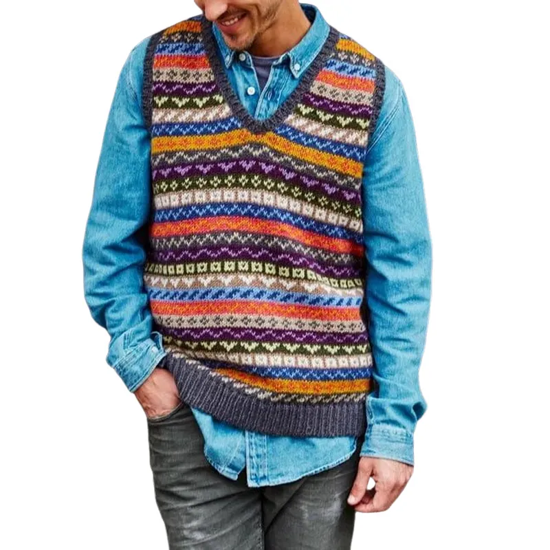 Men's Retro Geometric V-Neck Sleeveless Knit Vest 13672722Z sold by Manly