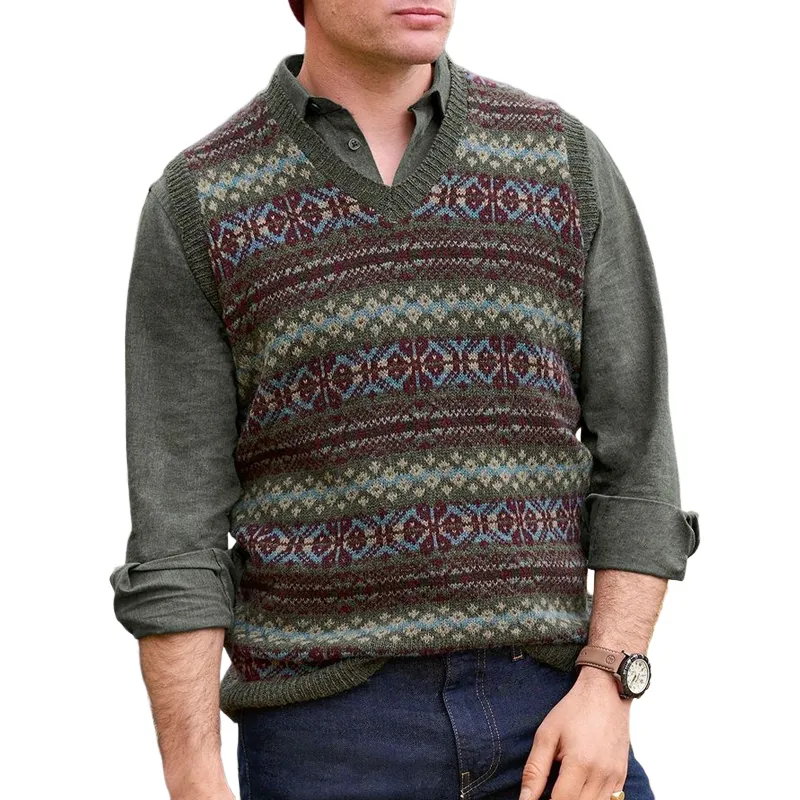 Men's Retro Geometric V-Neck Sleeveless Knit Vest 46050031Z sold by Manly