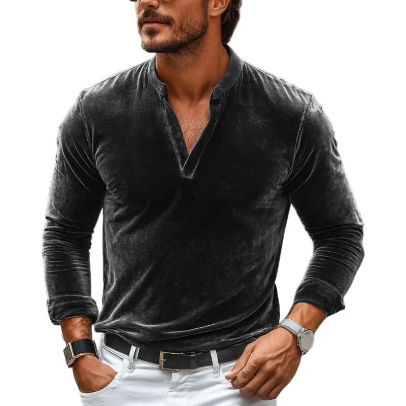 Men's Vintage Velvet V-Neck Loose Long Sleeve T-Shirt 03580792U sold by Manly