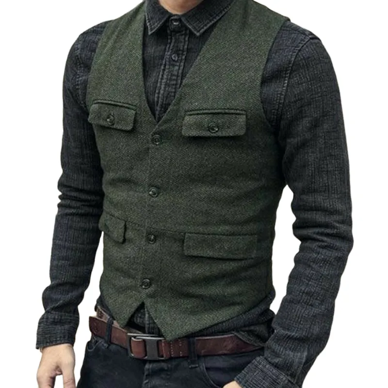 Men's Vintage V-neck Multi-pocket Slim-fit Button Vest 45491975U sold by Manly