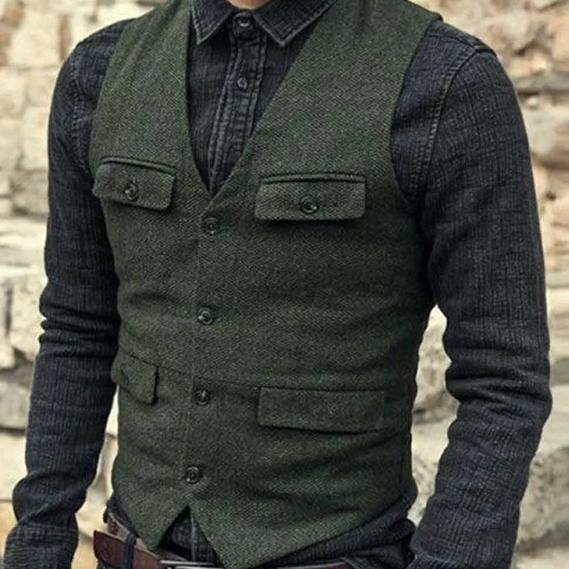 Men's Vintage V-neck Multi-pocket Slim-fit Button Vest 45491975U sold by Manly product image thumbnail 3