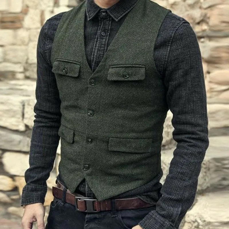 Men's Vintage V-neck Multi-pocket Slim-fit Button Vest 45491975U sold by Manly product image thumbnail 2