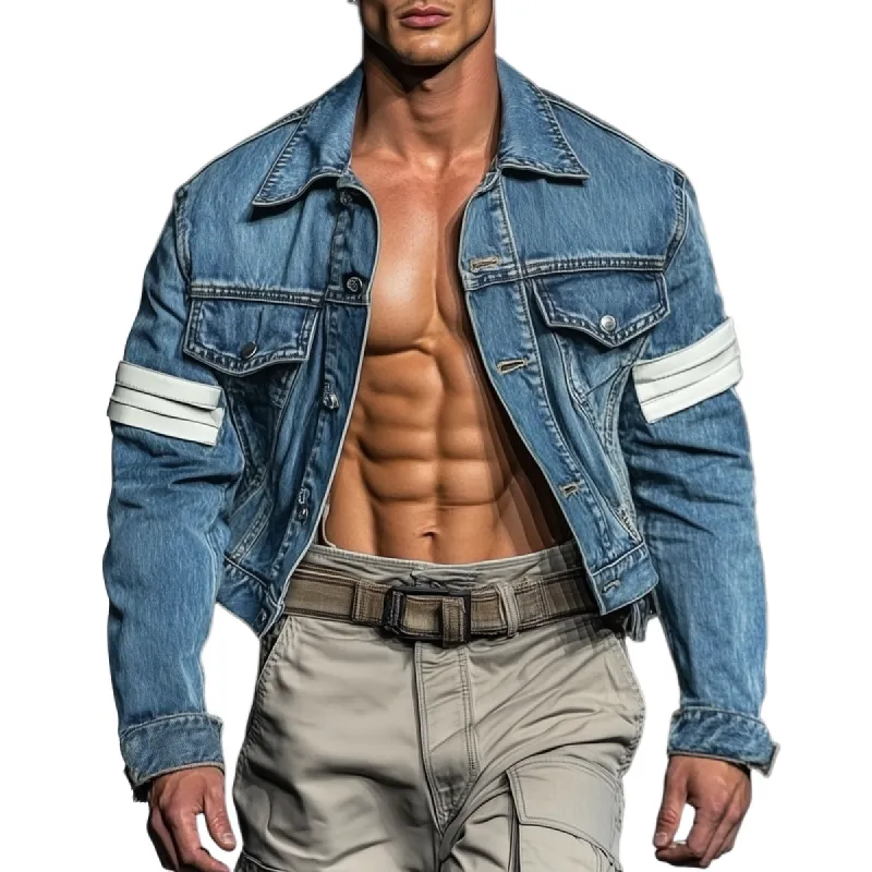 Men's Fashion Washed Lapel Single Breasted Casual Denim Jacket 27371372Z sold by Manly