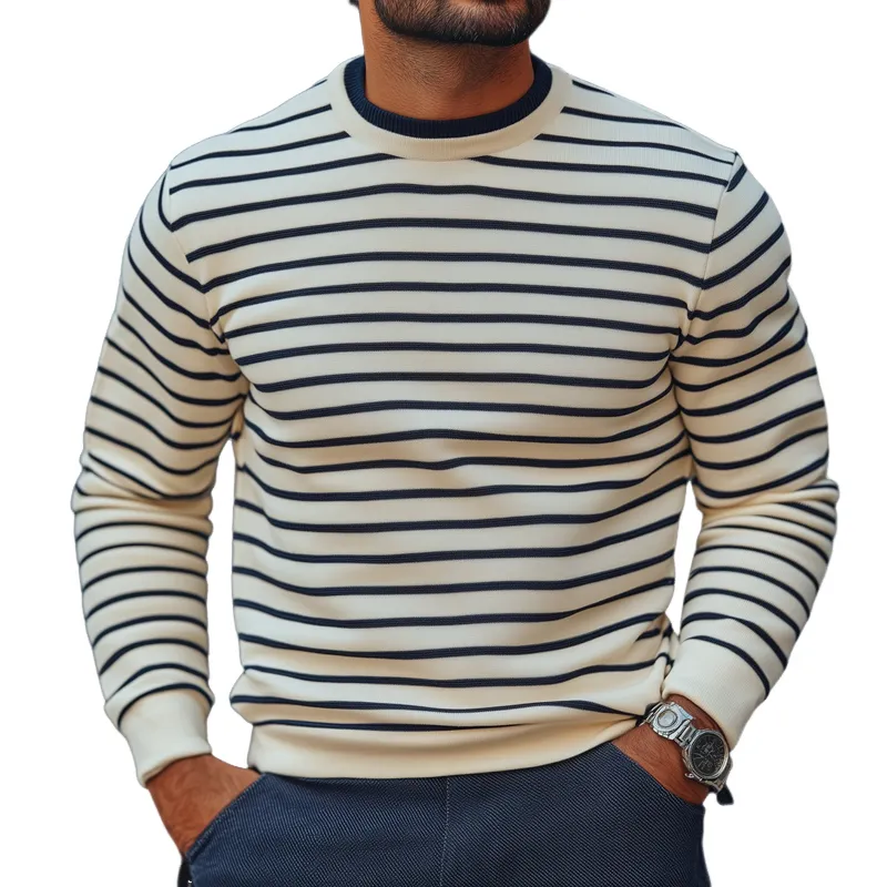 Men's Fashion Striped Round Neck Long Sleeve Knit Sweater 95429757Z sold by Manly